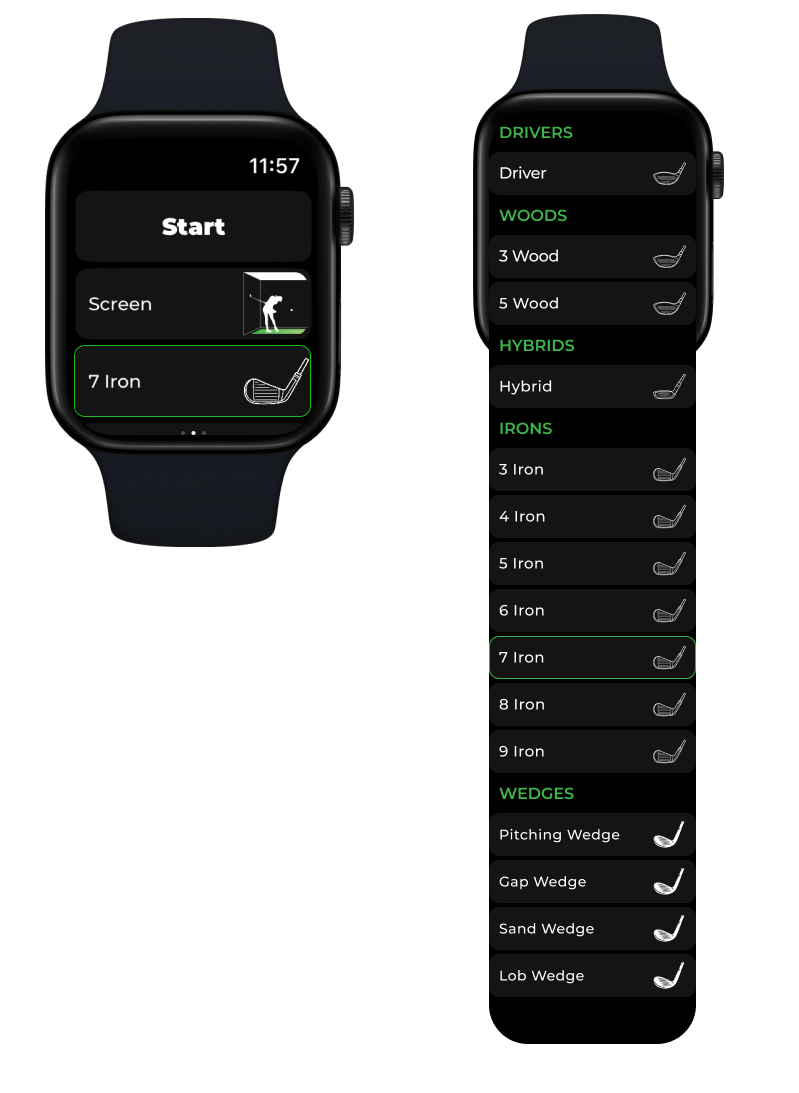 Apple Watch main screen with 7 Iron selected, next to the full club list from Driver and woods through irons and wedges