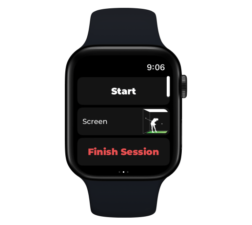 Apple Watch screen during a simulator session showing Start, Screen and Finish Session, with no club selector