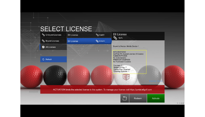 E6 Connect Select License screen with All Licenses selected and the GolfTrak PC Special License (5-Course) row