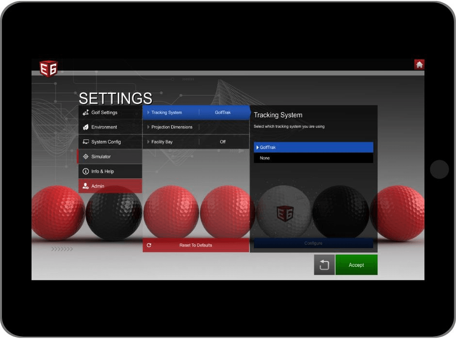 E6 Connect Settings with the Simulator section and the Tracking System selection