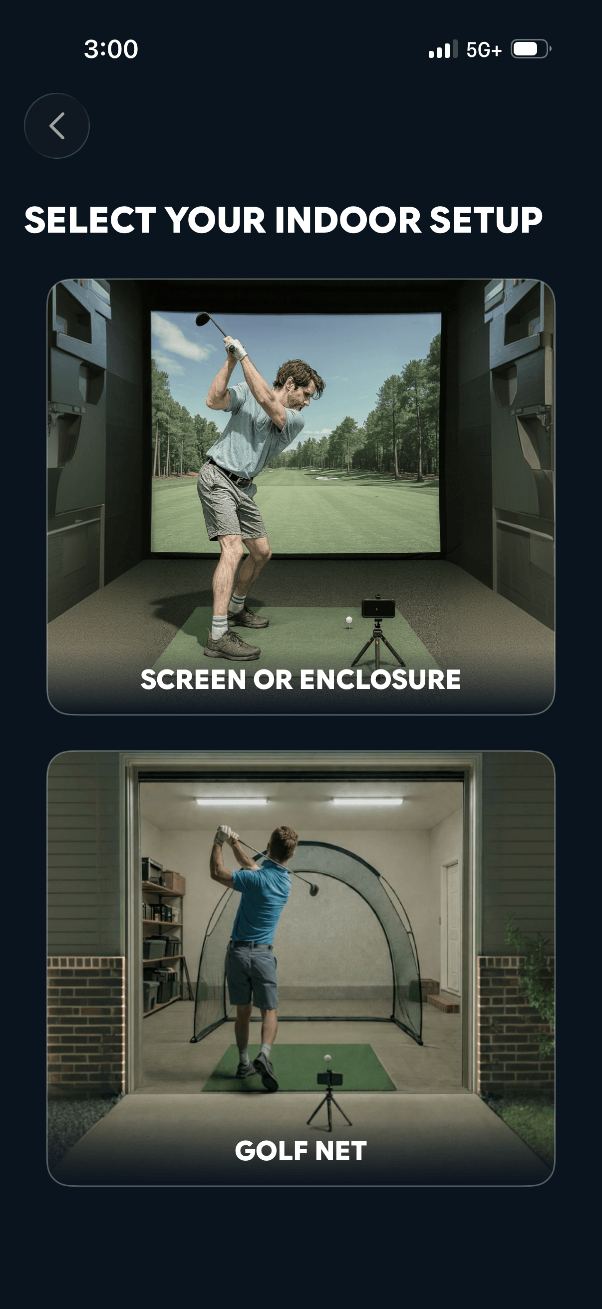 ChipIn Shot Tracker Select Your Indoor Setup screen with two options: Screen or Enclosure, and Golf Net