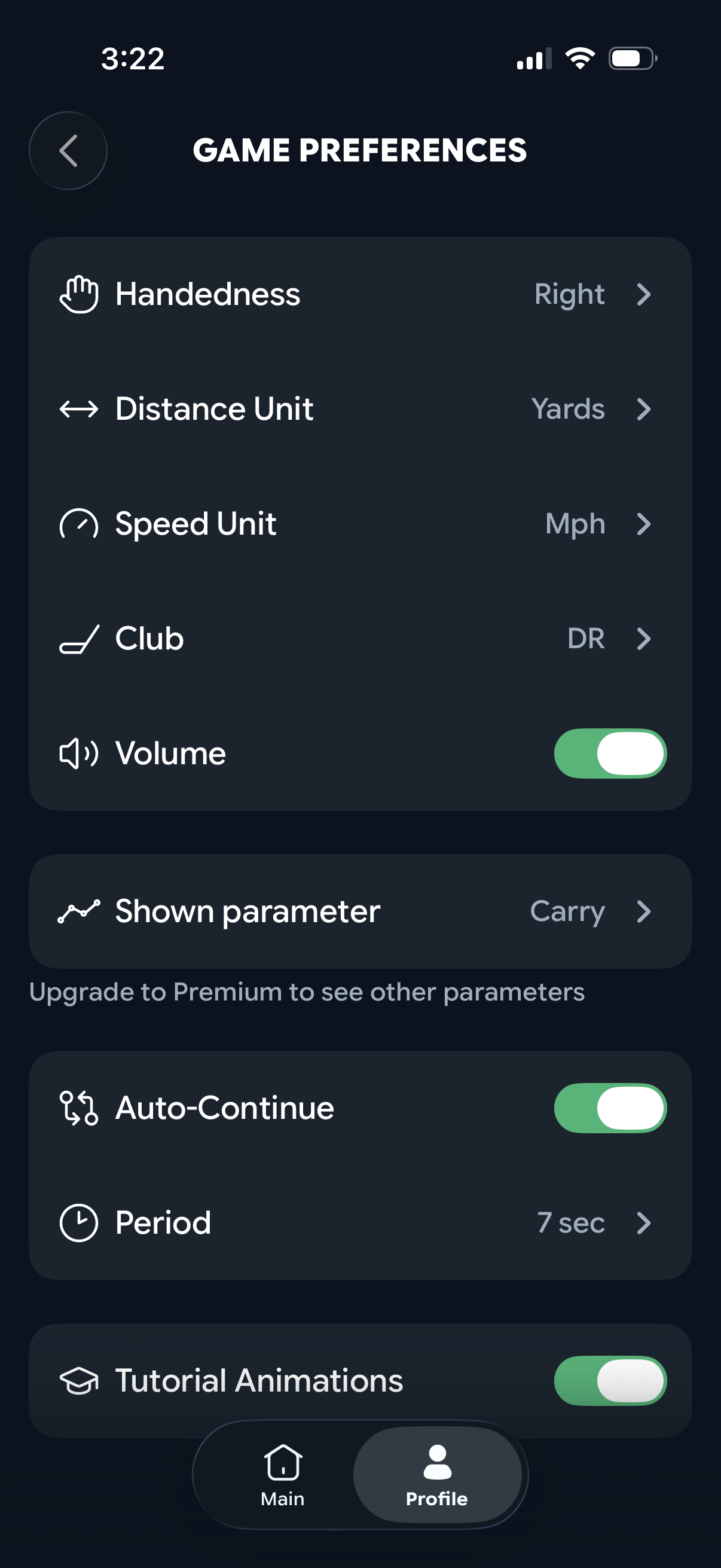 Game Preferences screen in the Profile tab with Handedness set to Right, plus distance unit, speed unit, club and volume settings