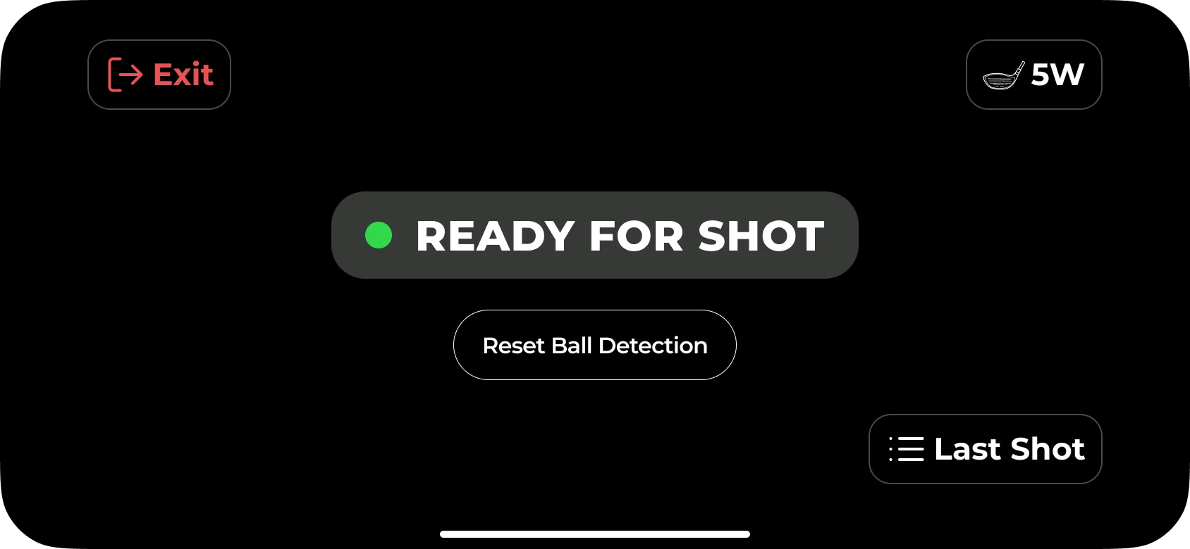 Launch monitor screen showing READY FOR SHOT with a green indicator, the selected club, a Reset Ball Detection button and a Last Shot button