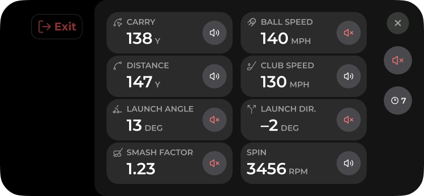 Shot result screen showing carry, distance, ball speed, club speed, launch angle, launch direction, smash factor and spin for one shot