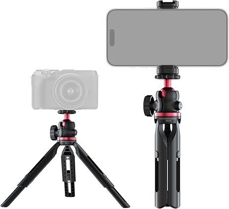 NEEWER mini tabletop tripod with a ball head, shown holding a camera and holding a phone