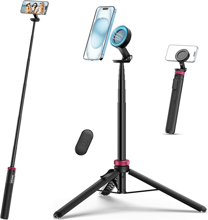 Ulanzi MT-84 phone tripod with a magnetic phone mount shown fully extended, as a tripod stand and folded as a handheld grip